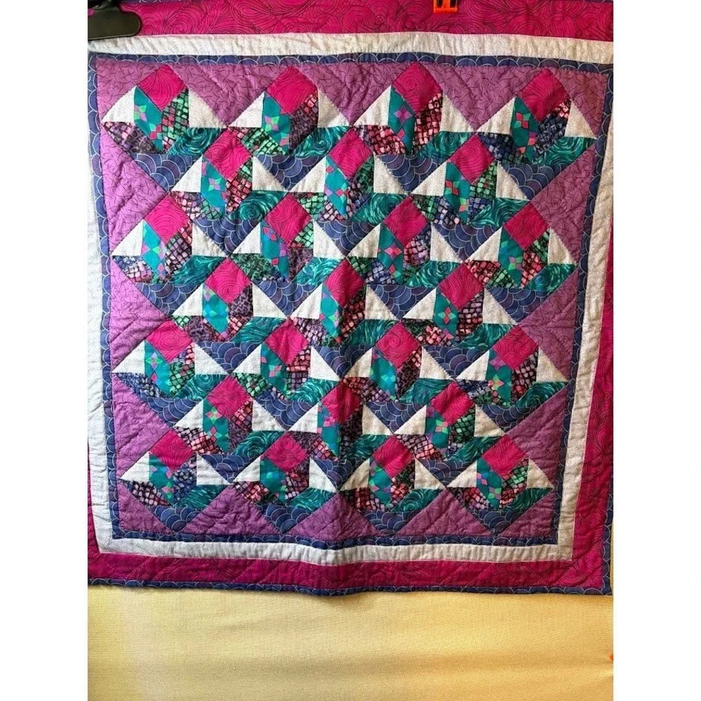 Handmade Geometric Star‎ Quilt Wall Hanging Magenta Purple Teal Small Blanket